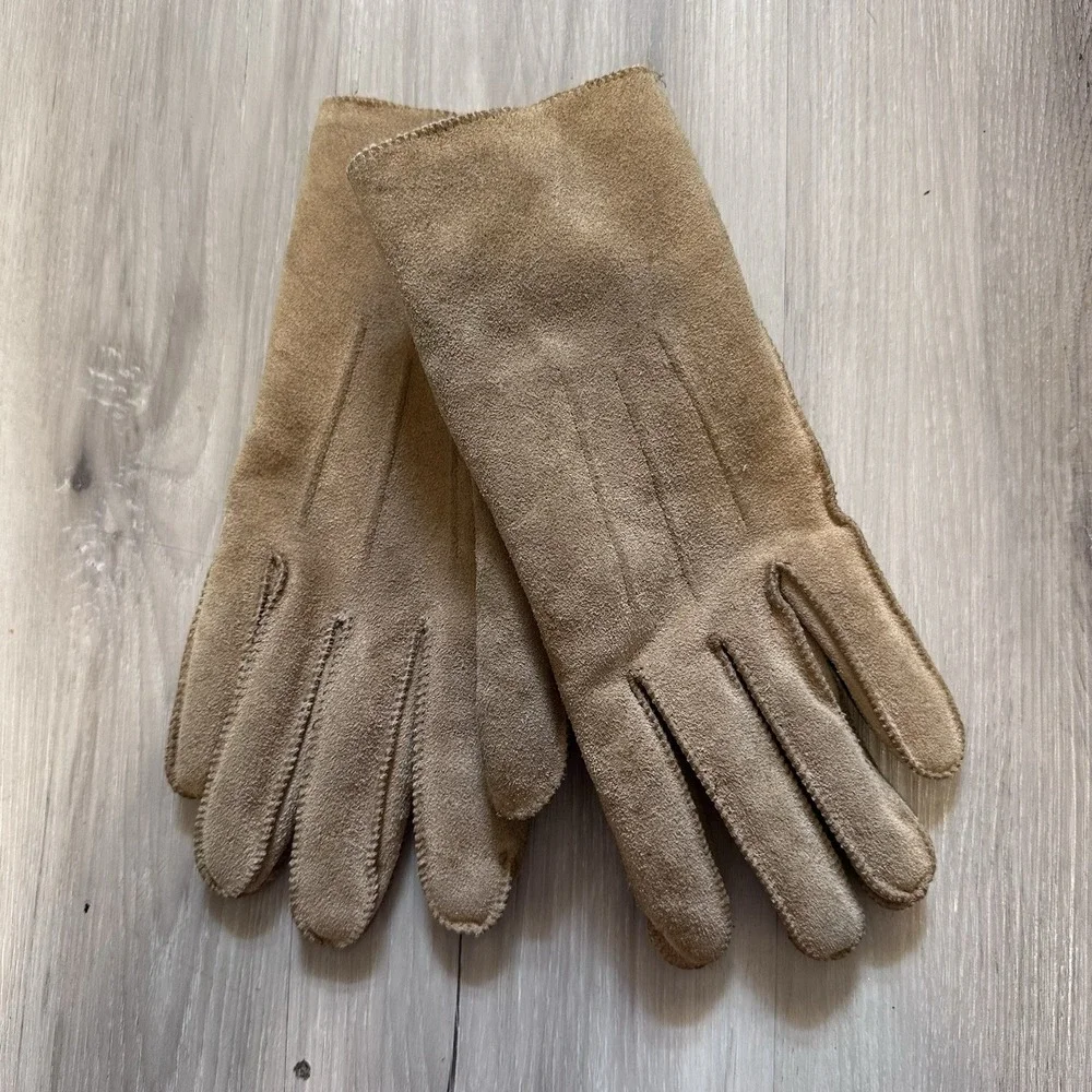 Aris Brown Suede Leather Gloves Sz M Faux Sherpa Lined * Has Some Discoloration